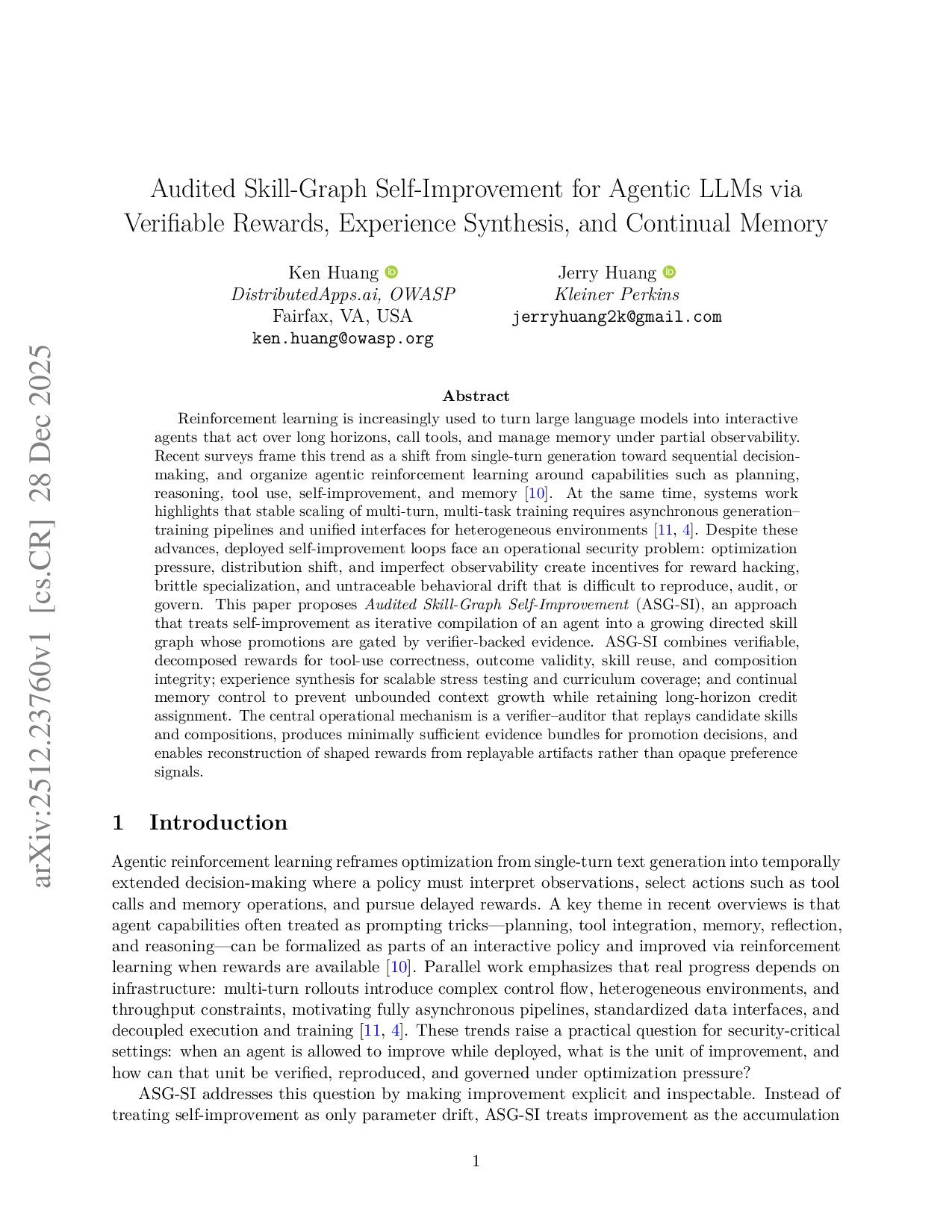 Audited Skill-Graph Self-Improvement for Agentic LLMs via Verifiable Rewards, Experience Synthesis, and Continual Memory