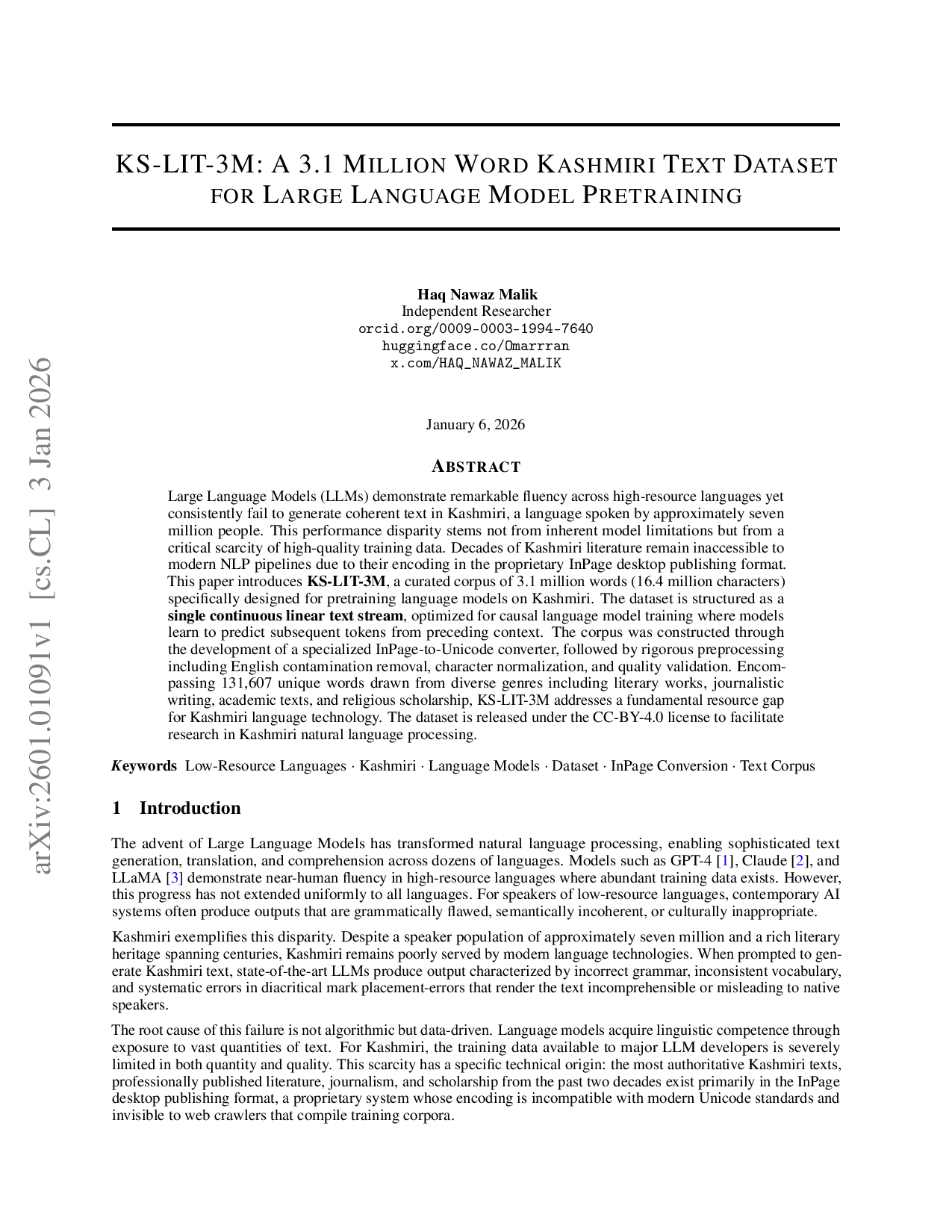ks-lit-3m: A 3.1 million word kashmiri text dataset for large language model pretraining