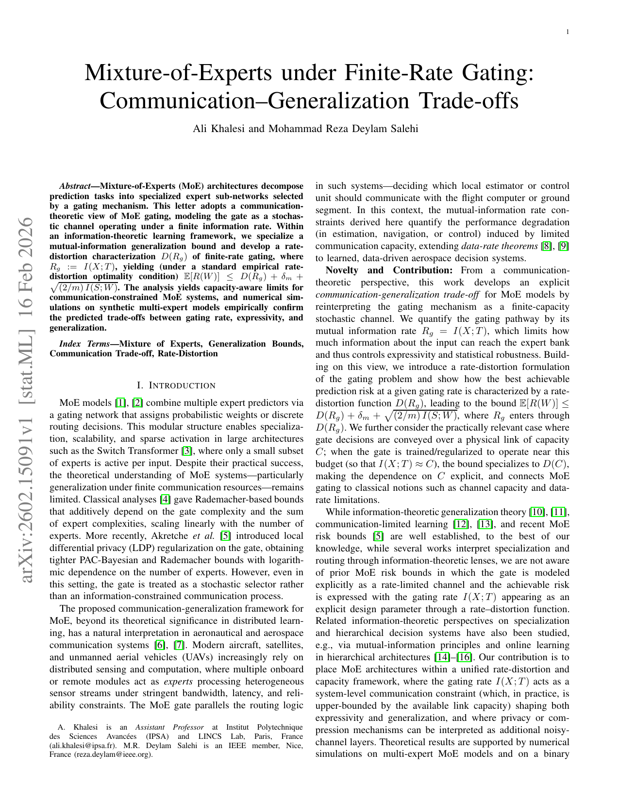Mixture-of-Experts under Finite-Rate Gating: Communication--Generalization Trade-offs