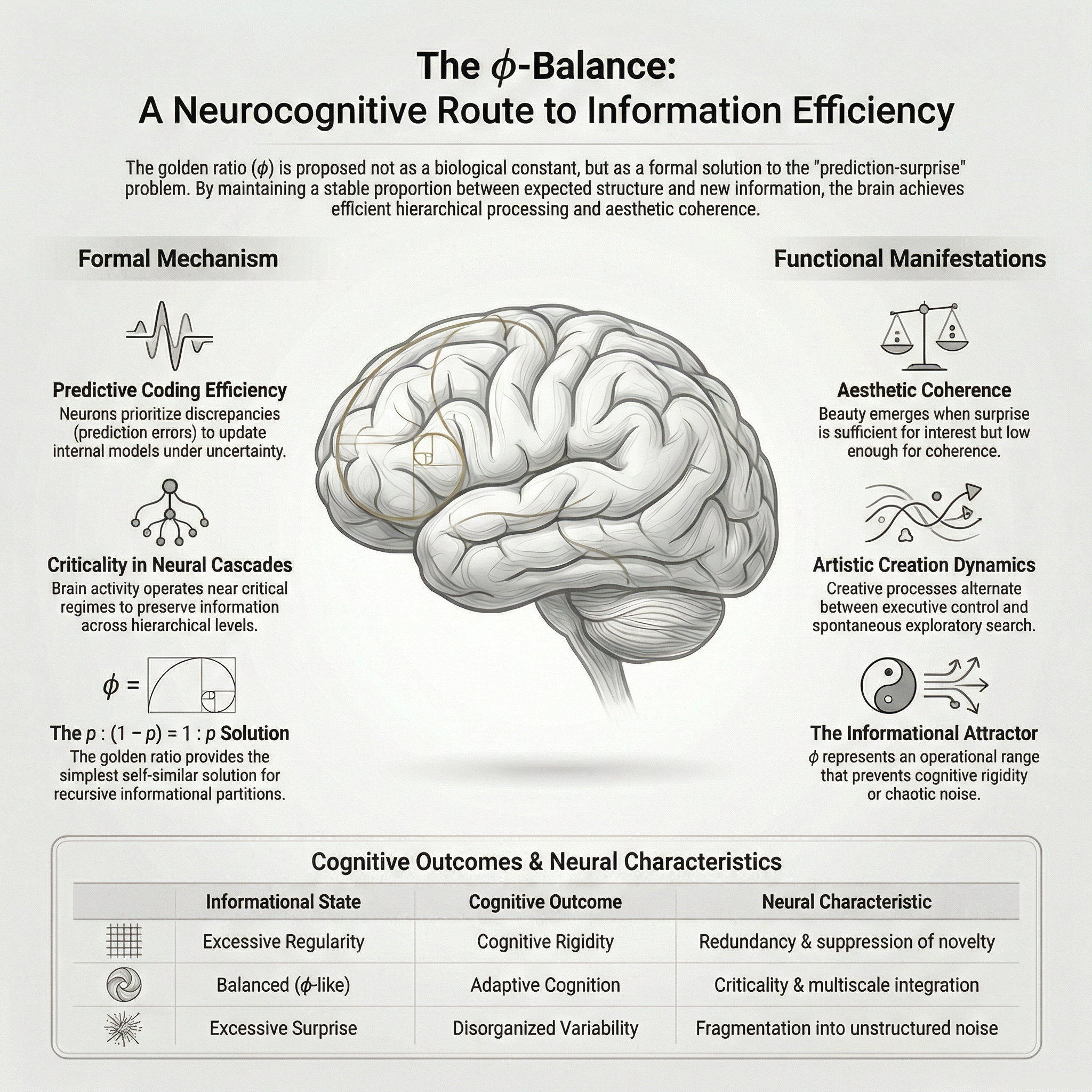 A golden-ratio partition of information and the balance between prediction and surprise: a neuro-cognitive route to antifragility