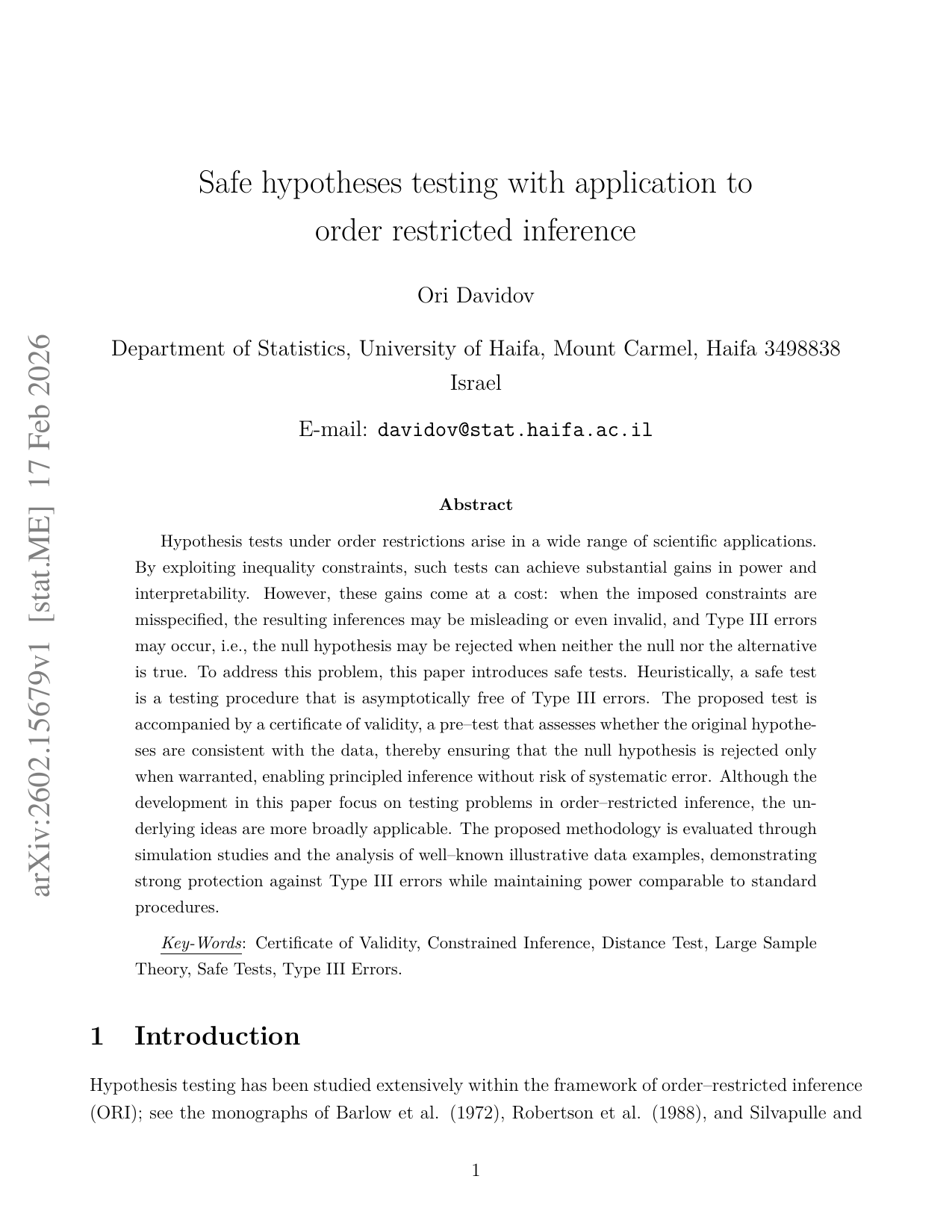 Safe hypotheses testing with application to order restricted inference
