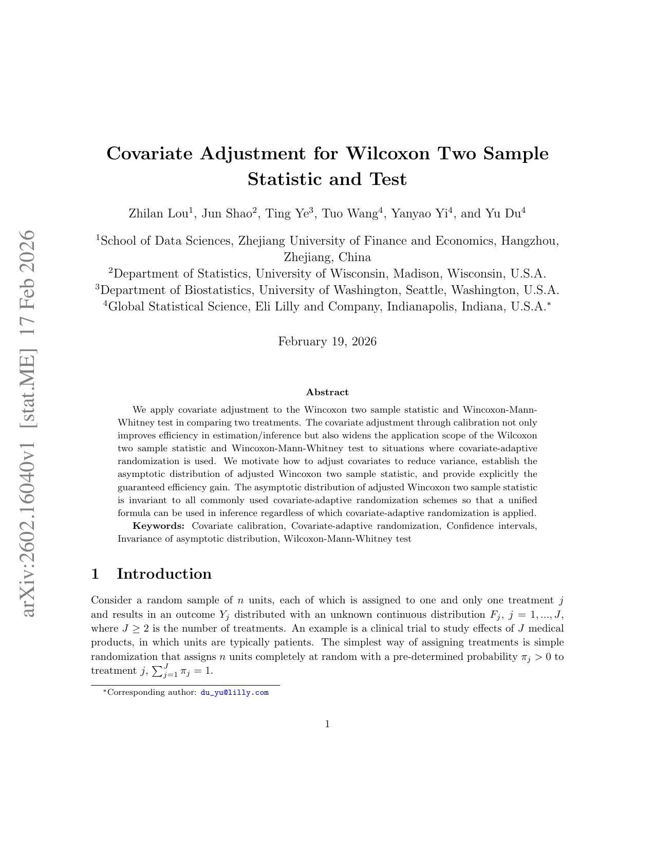 Covariate Adjustment for Wilcoxon Two Sample Statistic and Test