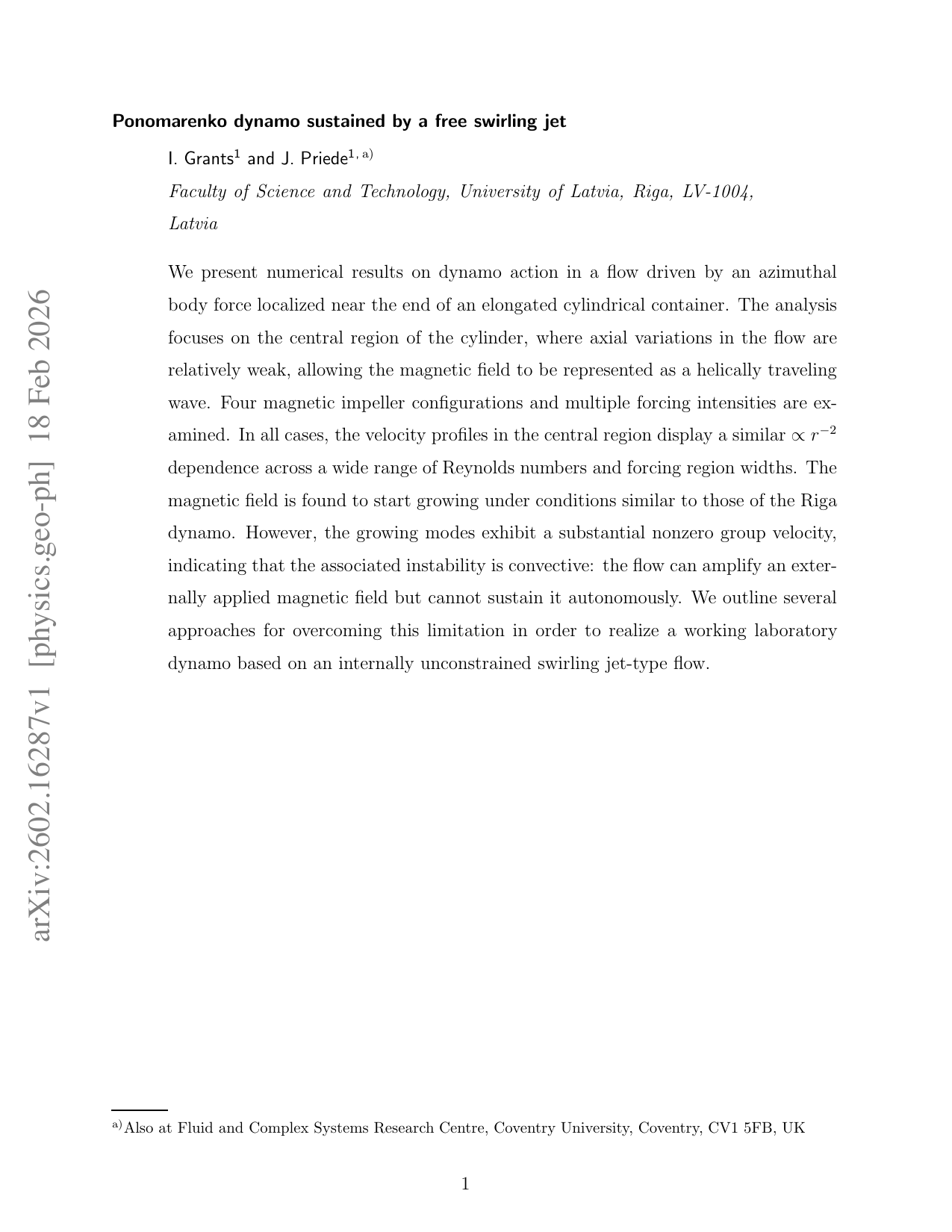 Ponomarenko dynamo sustained by a free swirling jet
