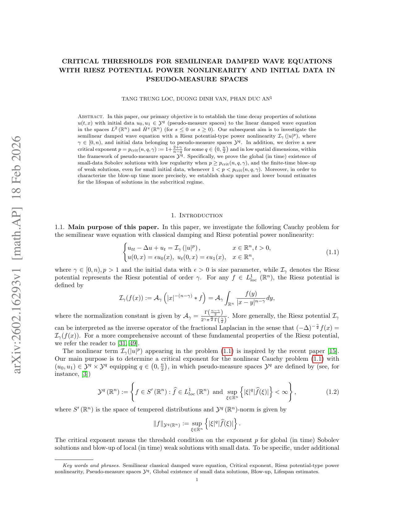 Critical thresholds for semilinear damped wave equations with Riesz potential power nonlinearity and initial data in pseudo-measure spaces