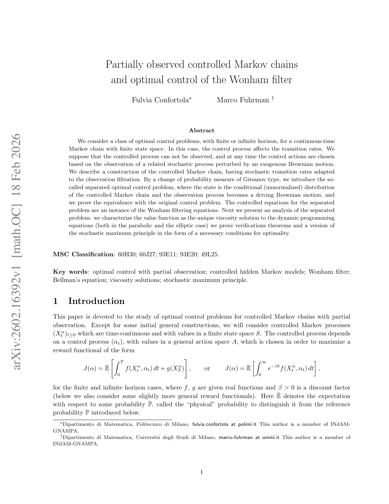 Partially observed controlled Markov chains and optimal control of the Wonham filter