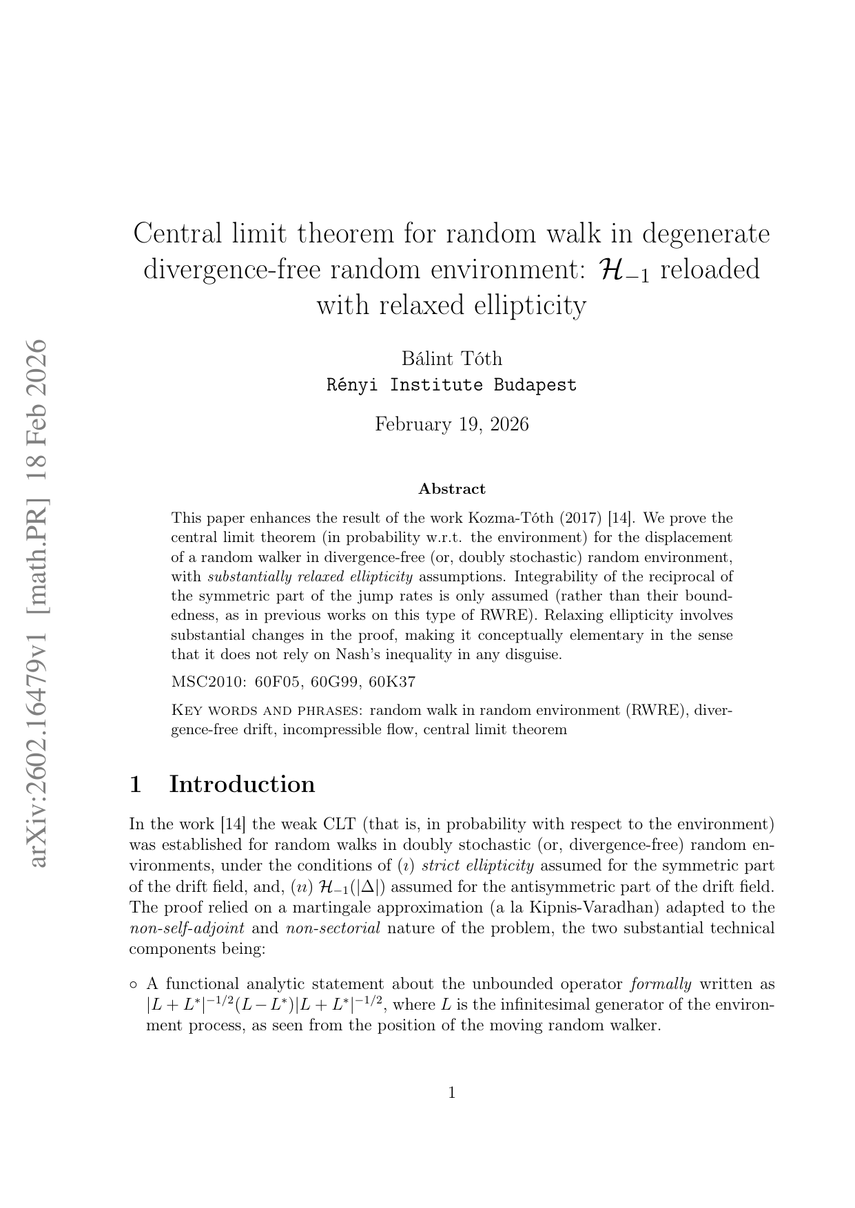 Central limit theorem for random walk in degenerate divergence-free random environment: $mathcal H_{-1}$ reloaded with relaxed ellipticity