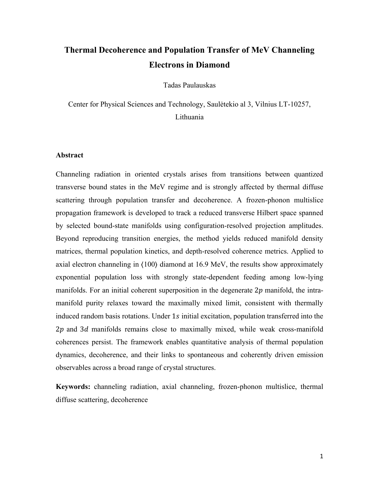 Thermal Decoherence and Population Transfer of MeV Channeling Electrons in Diamond