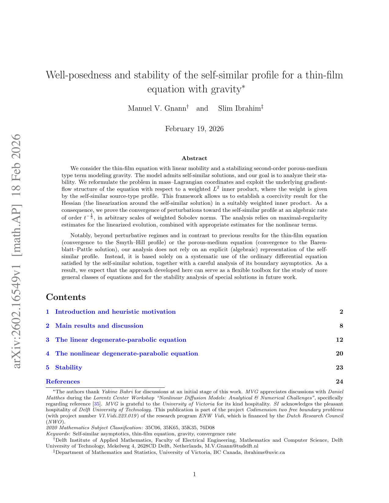 Well-posedness and stability of the self-similar profile for a thin-film equation with gravity