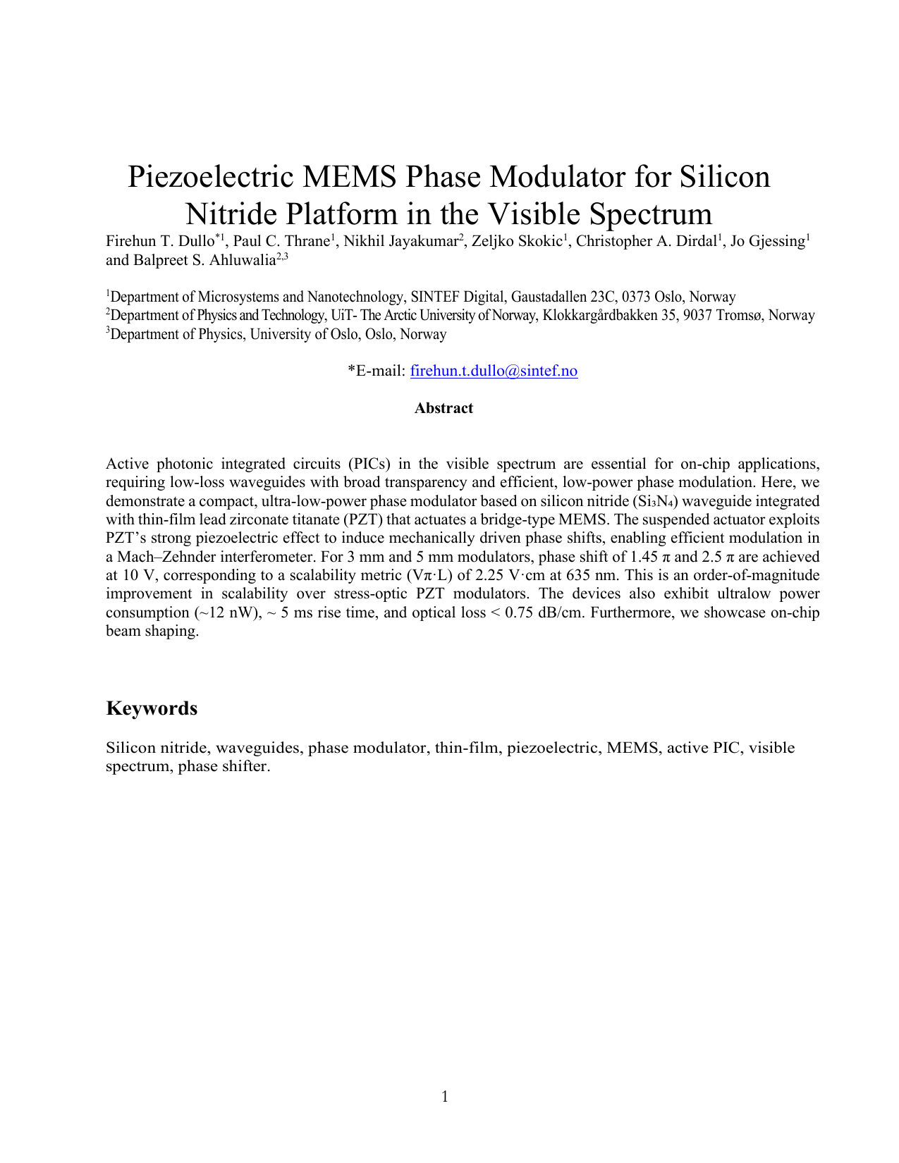Piezoelectric MEMS Phase Modulator for Silicon Nitride Platform in the Visible Spectrum