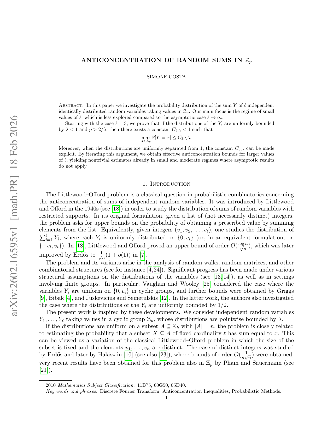 Anticoncentration of Random Sums in $mathbb{Z}_p$