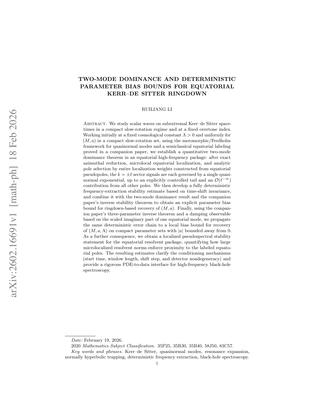 Two-mode dominance and deterministic parameter bias bounds for equatorial Kerr-de Sitter ringdown