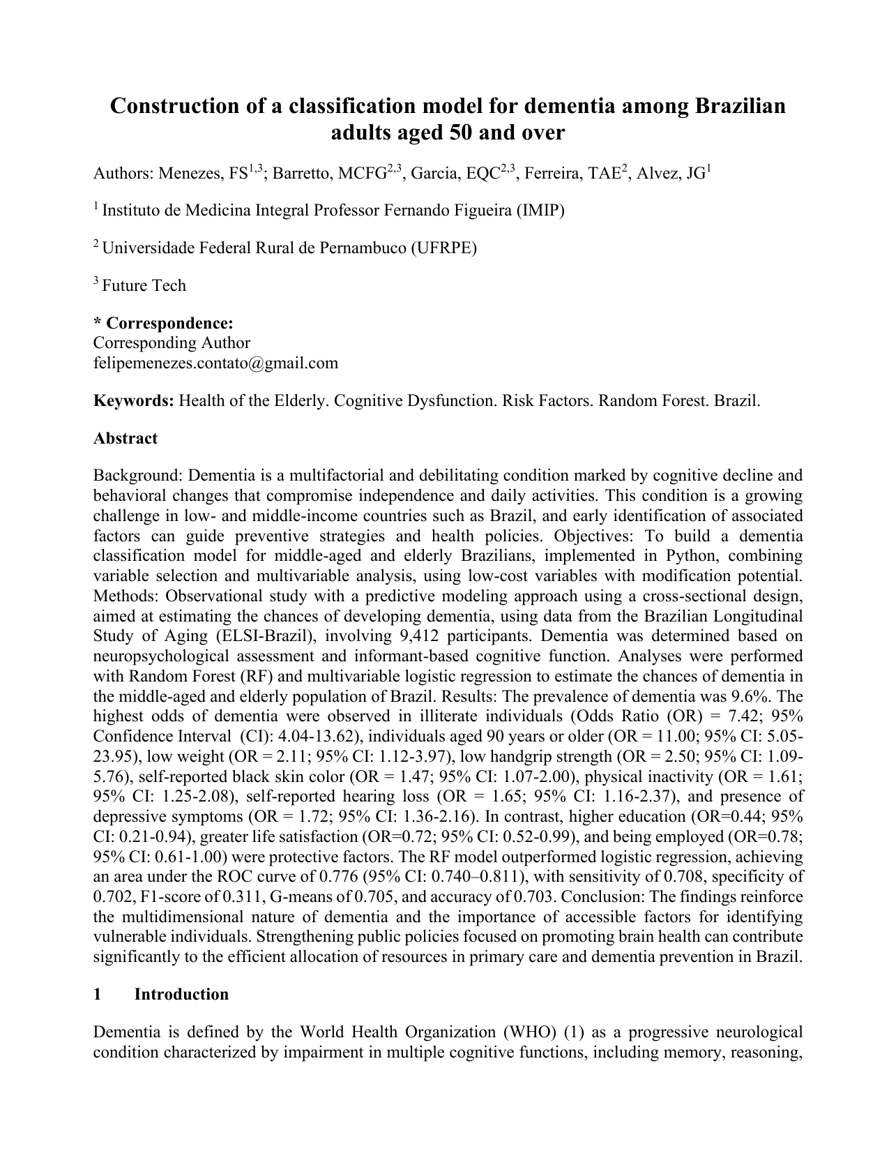 Construction of a classification model for dementia among Brazilian adults aged 50 and over