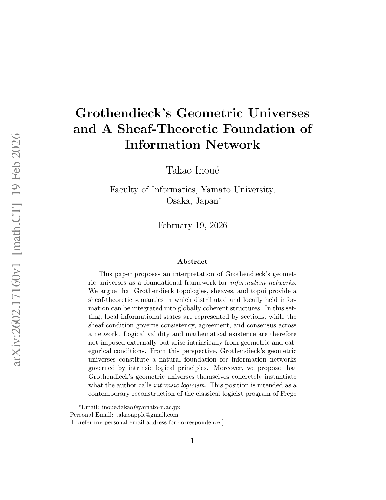 Grothendieck's Geometric Universes and A Sheaf-Theoretic Foundation of Information Network