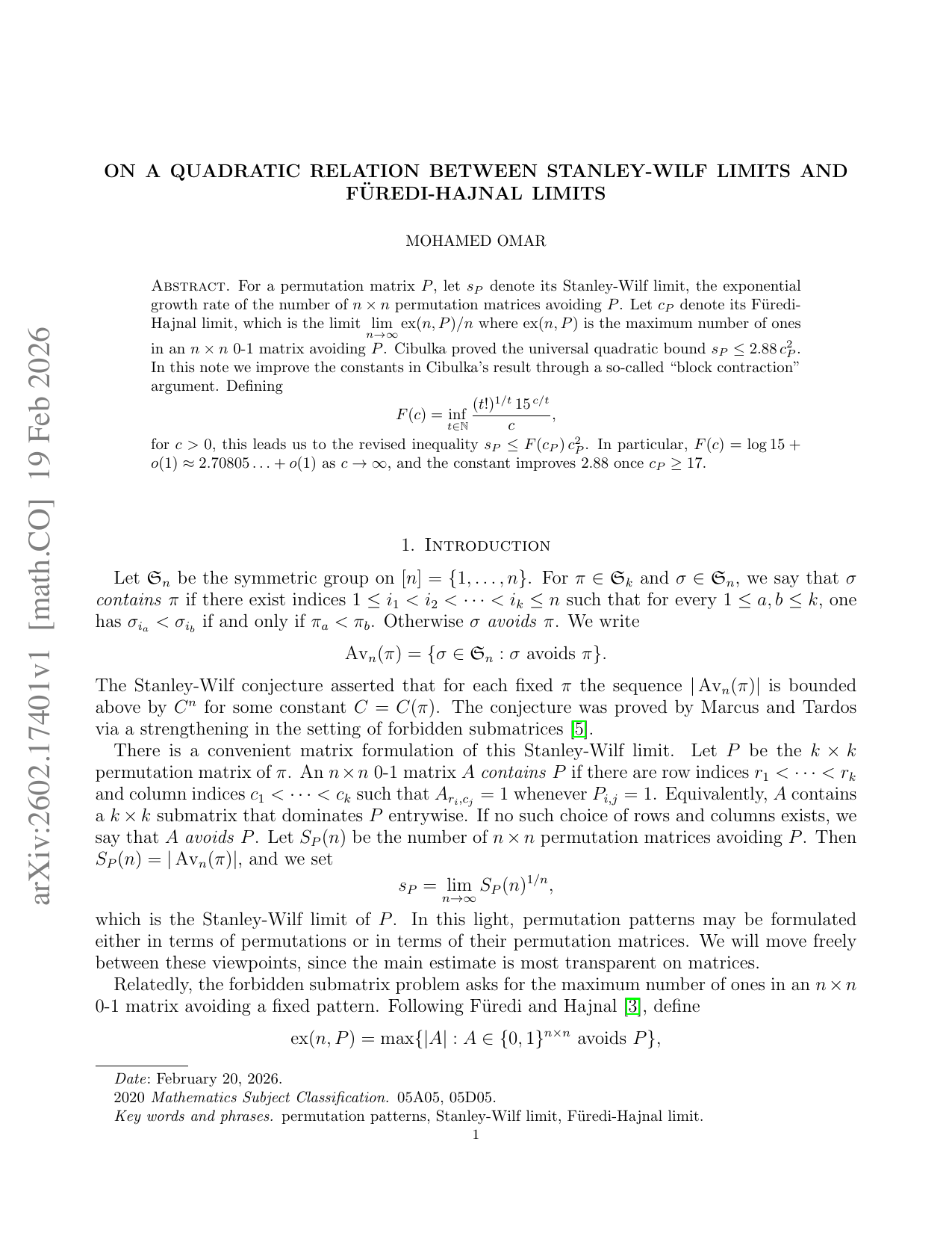On a Quadratic Relation Between Stanley-Wilf Limits and Füredi-Hajnal Limits