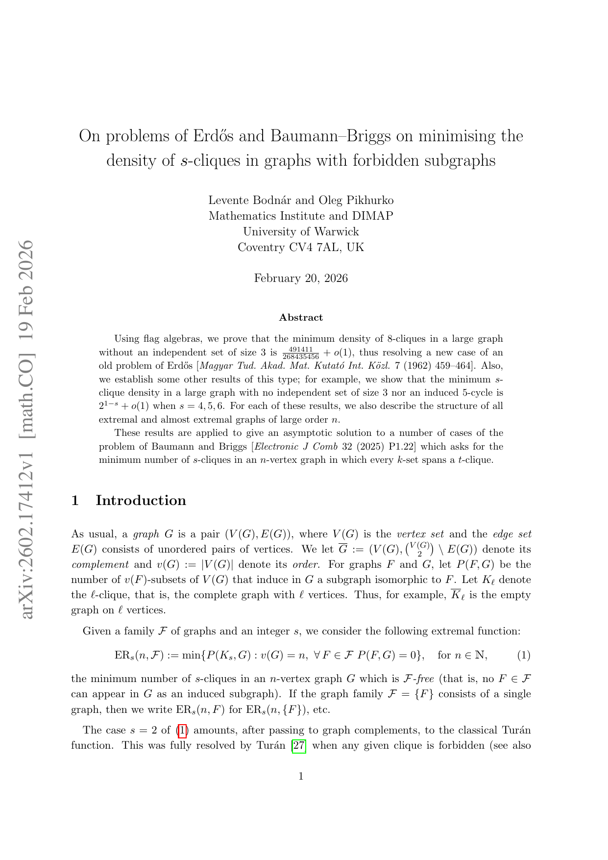 On problems of Erdős and Baumann-Briggs on minimising the density of $s$-cliques in graphs with forbidden subgraphs