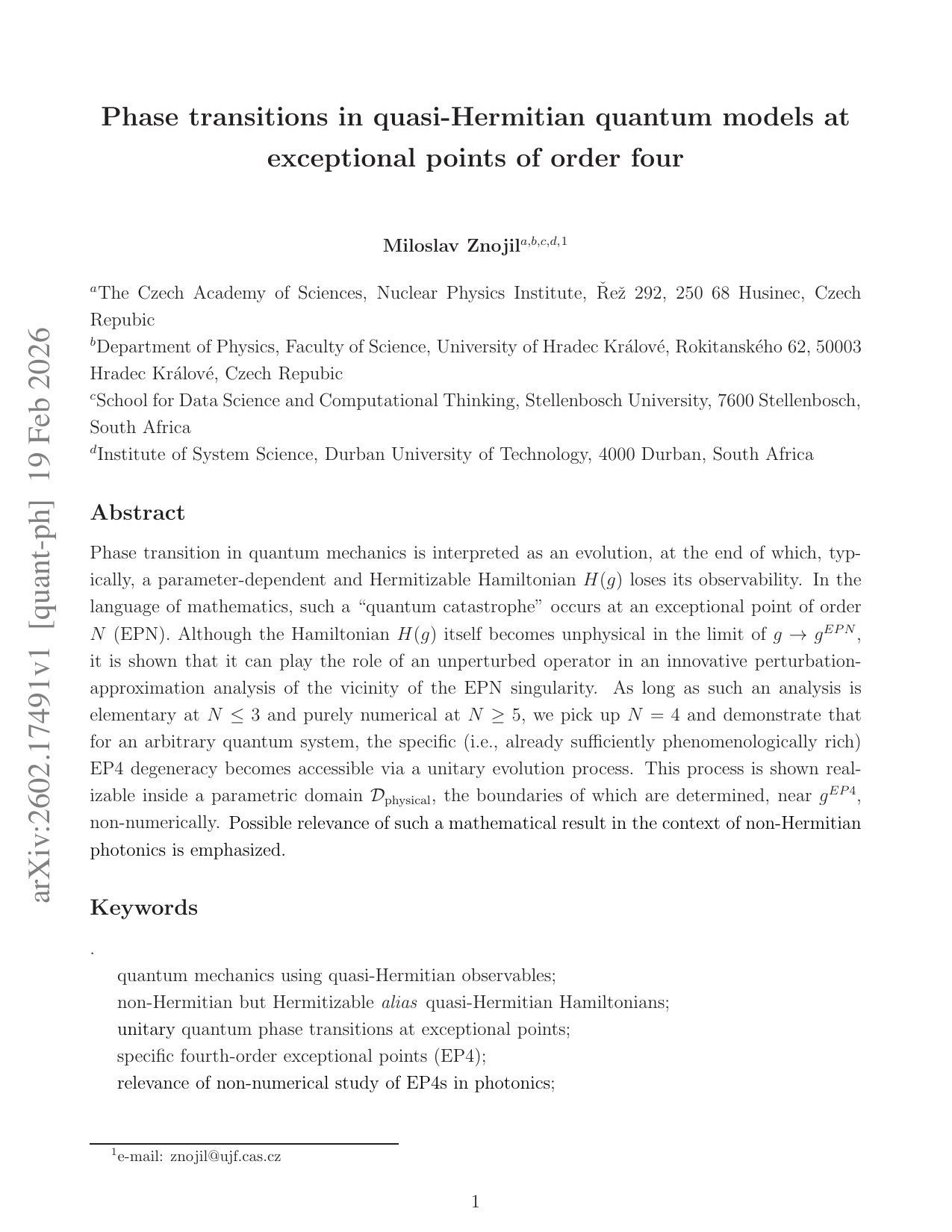 Phase transitions in quasi-Hermitian quantum models at exceptional points of order four