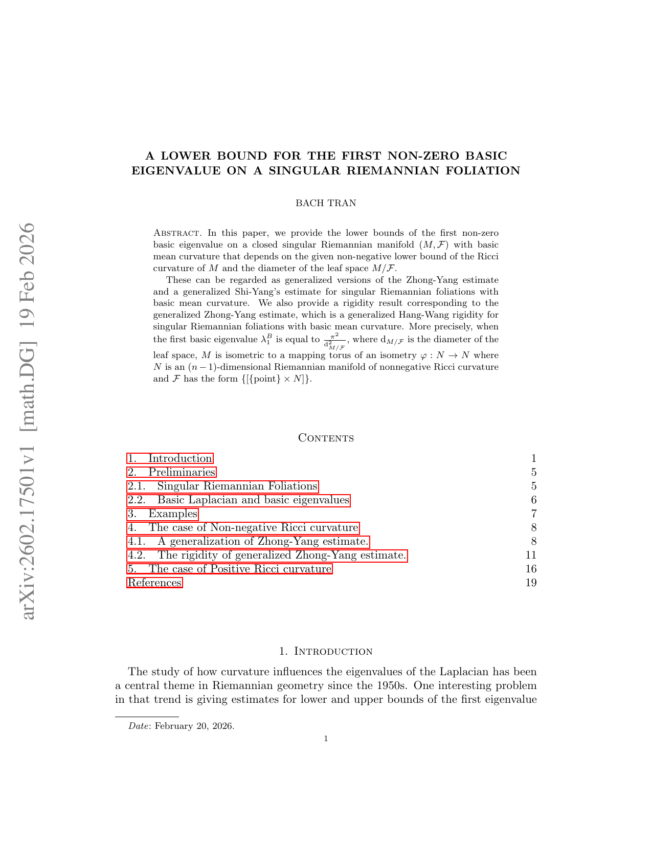 A Lower Bound for the First Non-zero Basic Eigenvalue on a Singular Riemannian Foliation