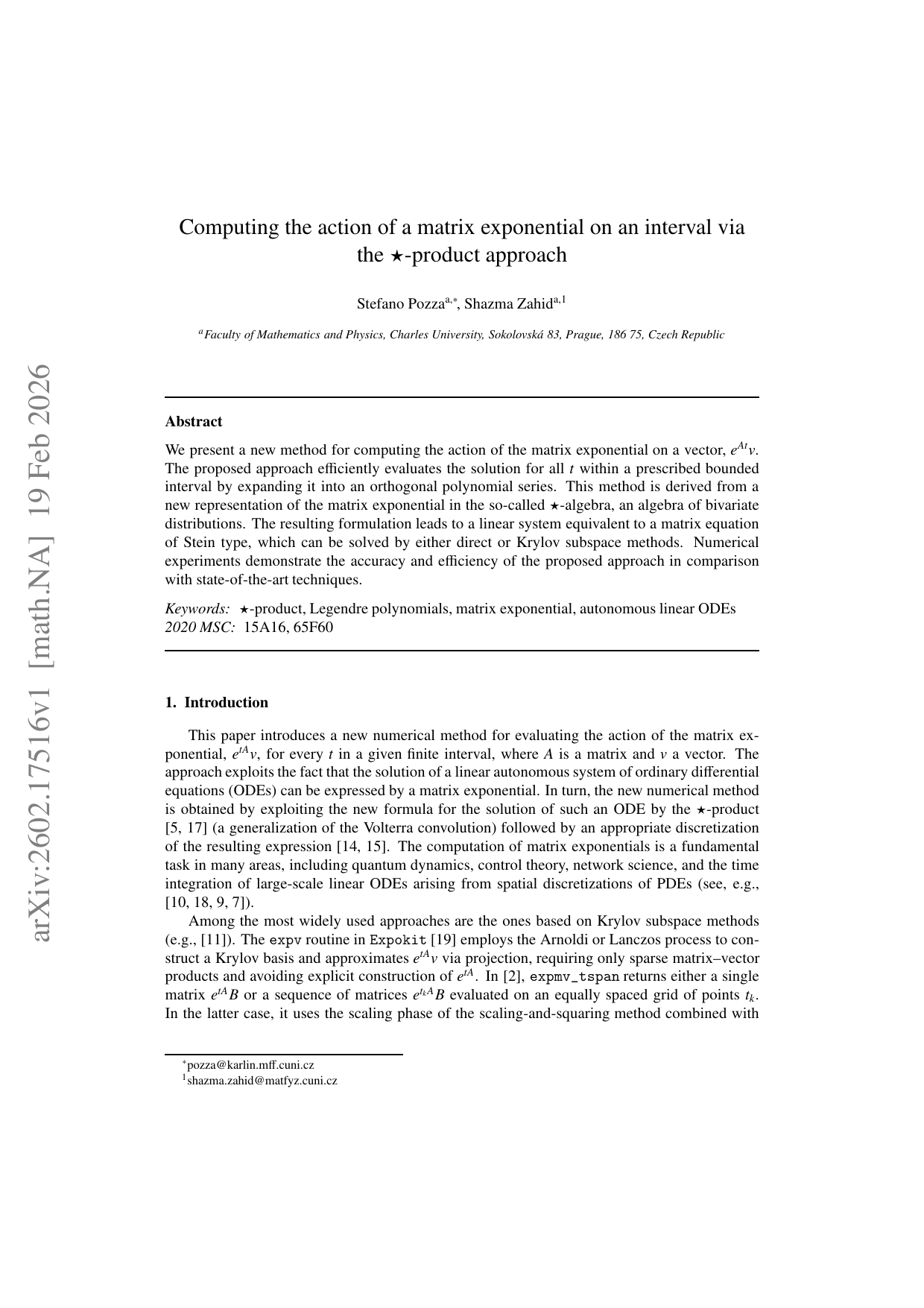 Computing the action of a matrix exponential on an interval via the $star$-product approach