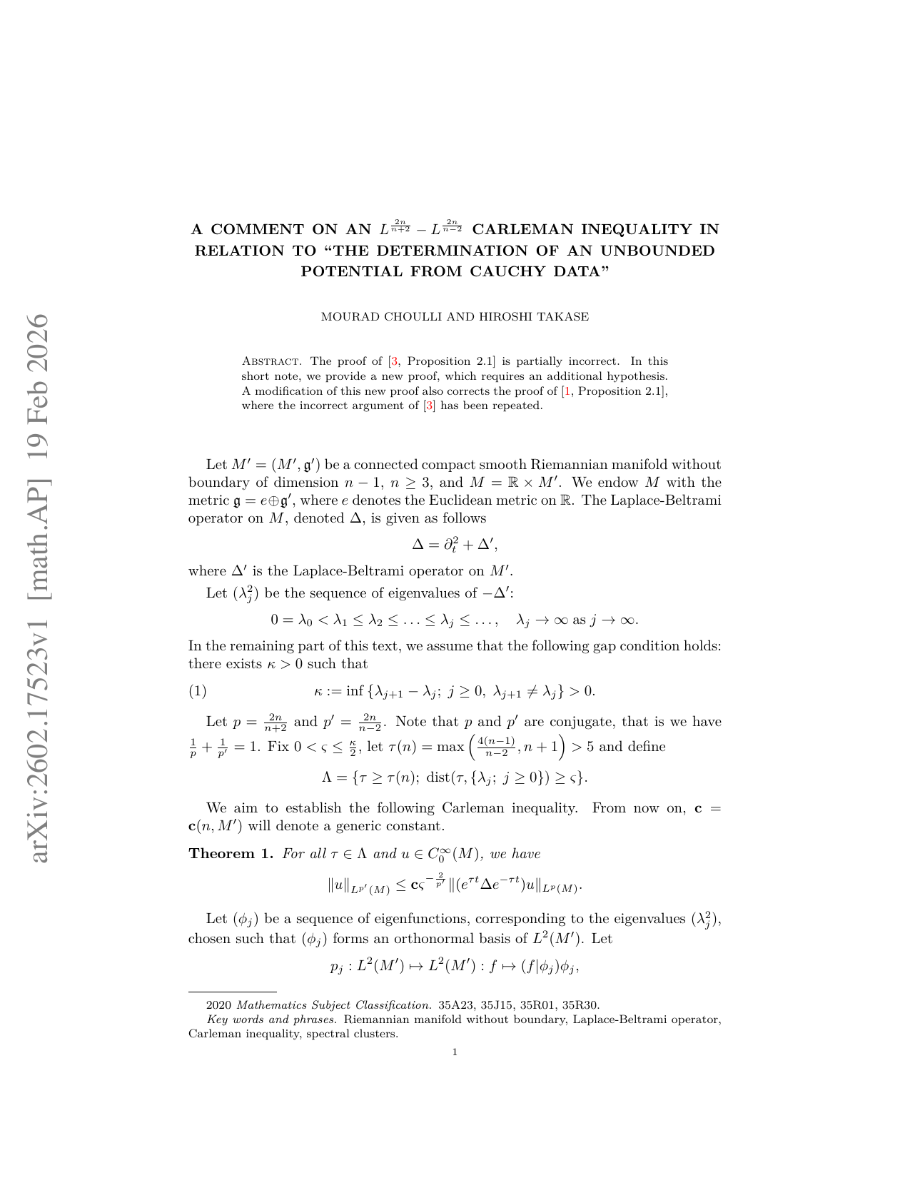 A comment on an $L^frac{2n}{n+2}-L^frac{2n}{n-2}$ Carleman inequality in relation to 'the determination of an unbounded potential from Cauchy data'
