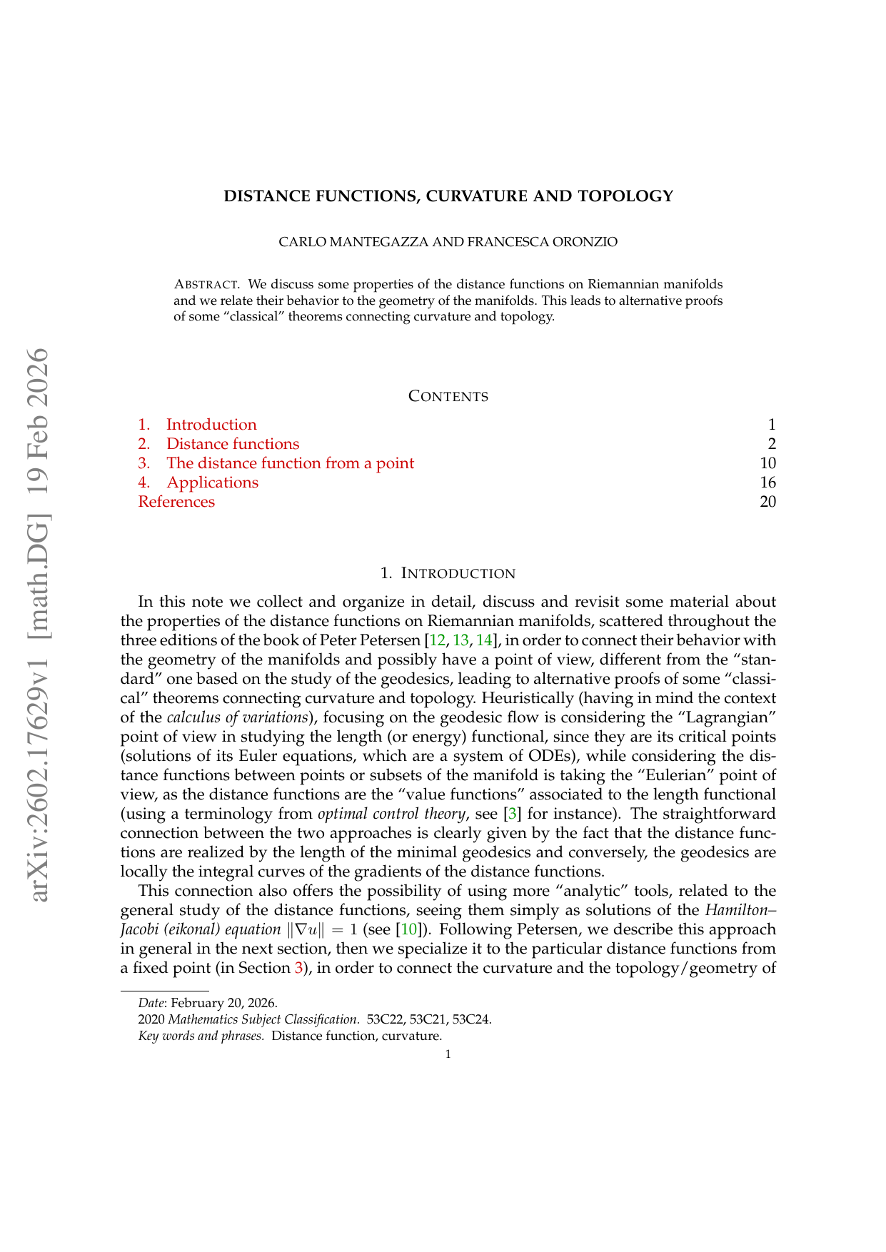 Distance Functions, Curvature and Topology