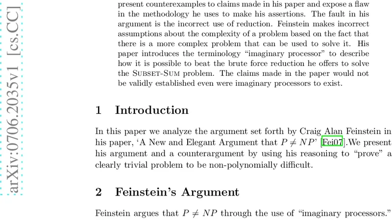 Critique of Feinsteins Proof that P is not Equal to NP