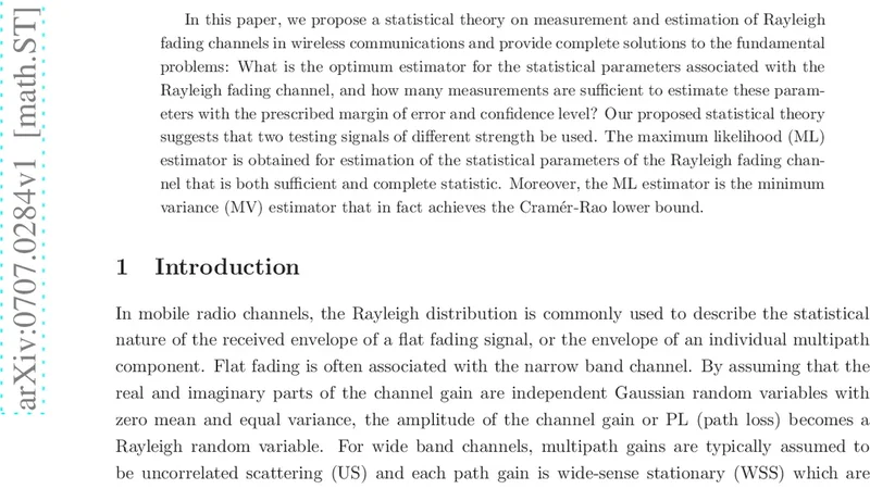 A statistical theory for the measurement and estimation of Rayleigh   fading channel