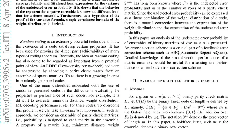 On Undetected Error Probability of Binary Matrix Ensembles