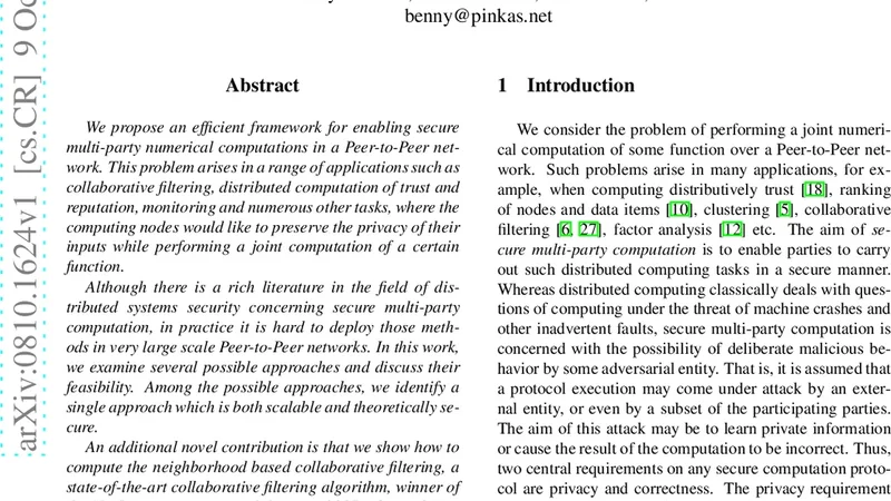 Peer-to-Peer Secure Multi-Party Numerical Computation