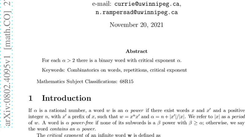 For each $alpha$ > 2 there is an infinite binary word with critical   exponent $alpha$