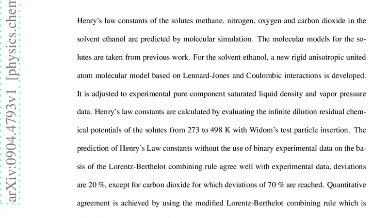 Henrys Law Constants of Methane, Nitrogen, Oxygen and Carbon Dioxide in   Ethanol from 273 to 498 K: Prediction from Molecular Simulation
