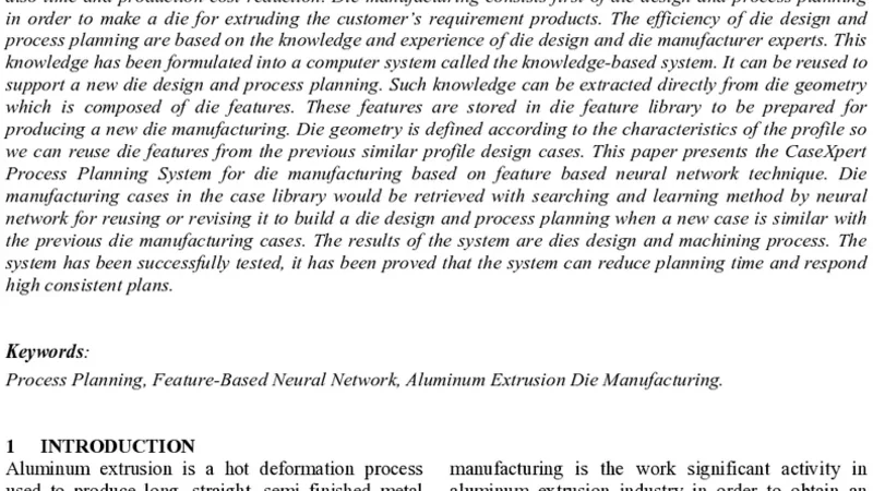 A process planning system with feature based neural network search   strategy for aluminum extrusion die manufacturing