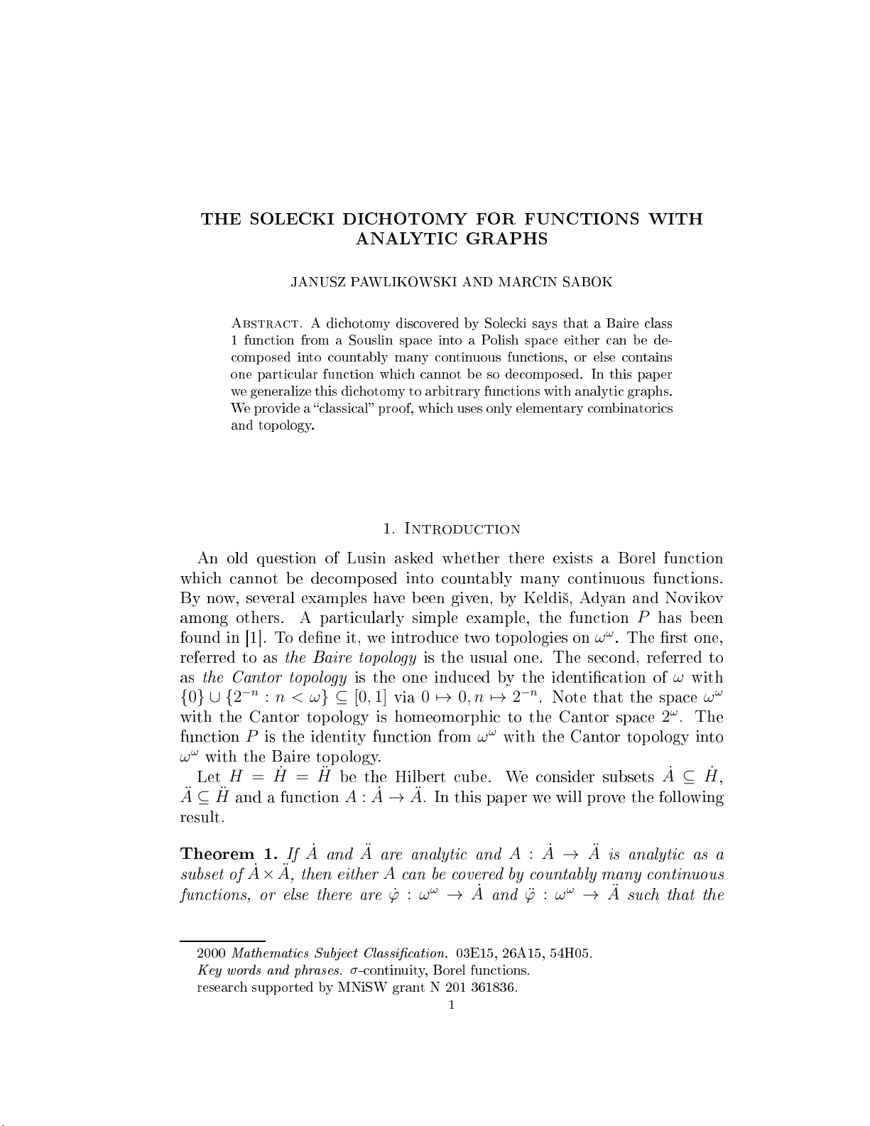 분석적 그래프를 가진 함수에 대한 솔레키키 이분법의 일반화