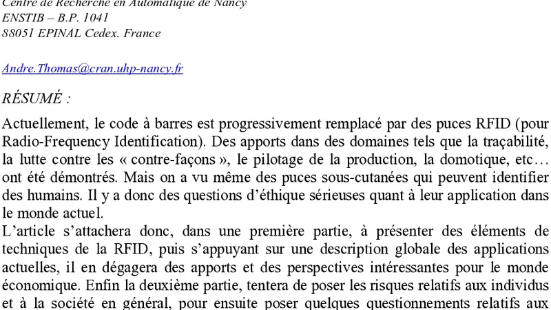 RFID et nouvelles technologies de communication; enjeux economiques   incontournables et probl`emes dethique RFID and new communication   technologies - economic challenges and ethic problems