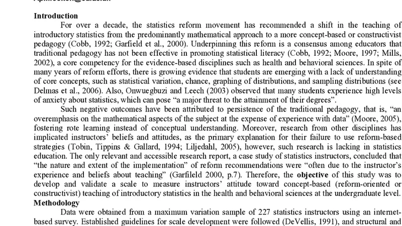 Development and Initial Validation of a Scale to Measure Instructors   Attitudes toward Concept-Based Teaching of Introductory Statistics in the   Health and Behavioral Sciences