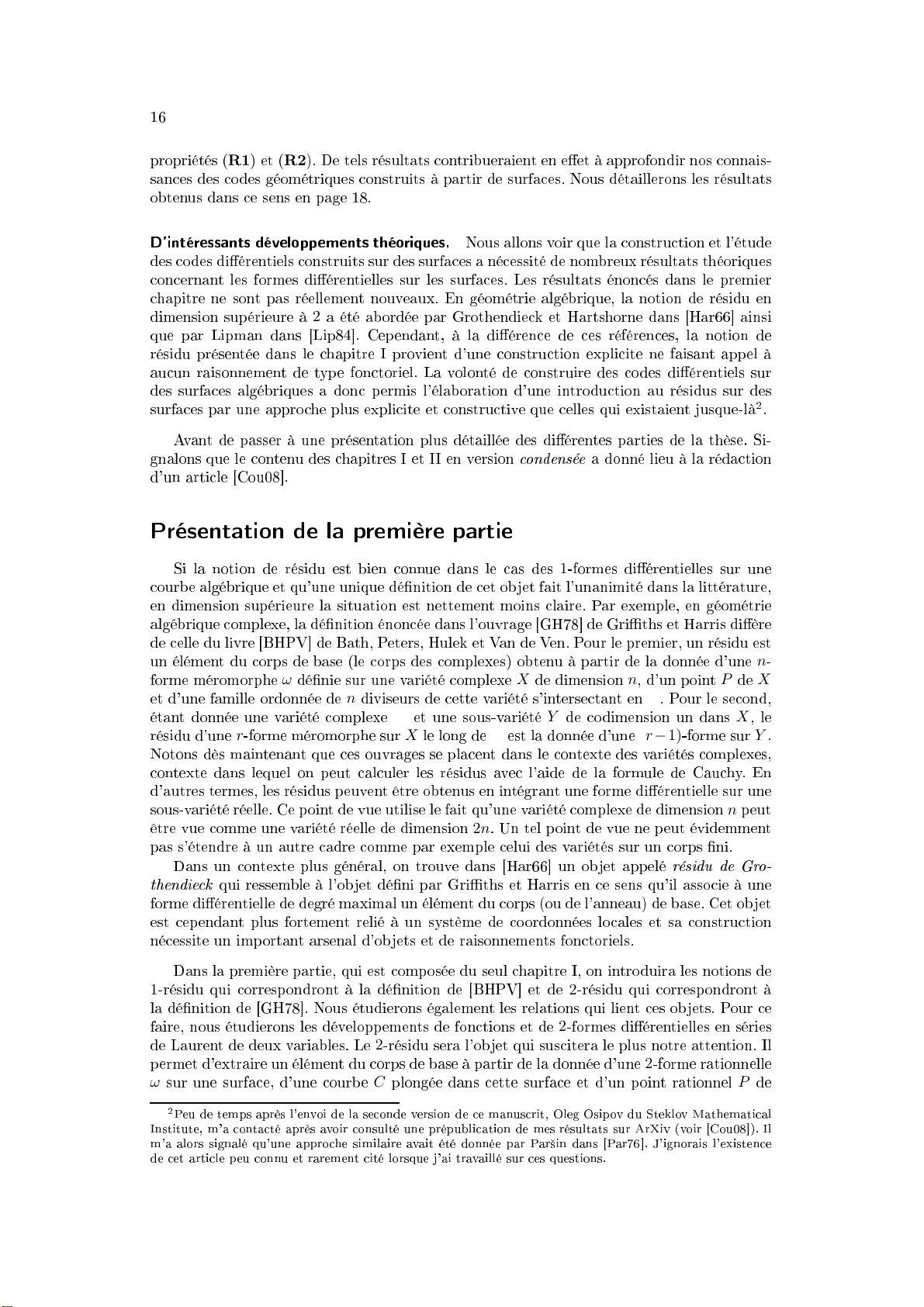 Residus de 2-formes differentielles sur les surfaces algebriques et   applications aux codes correcteurs derreurs