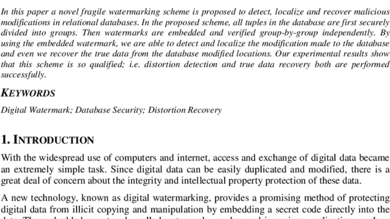 A Novel Watermarking Scheme for Detecting and Recovering Distortions in   Database Tables