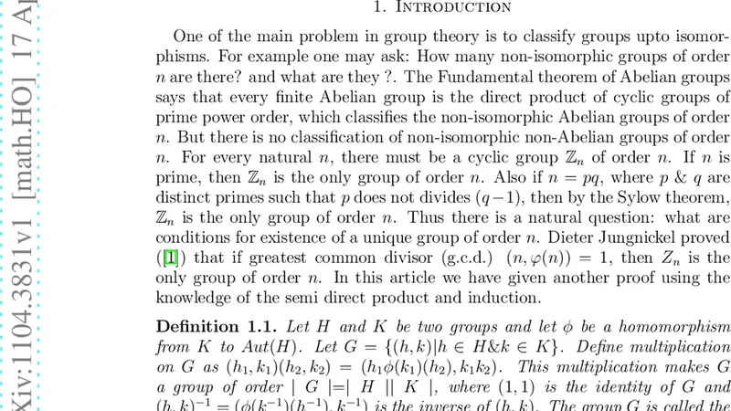 유일한 유한군 존재 조건과 반직접곱을 통한 새로운 증명