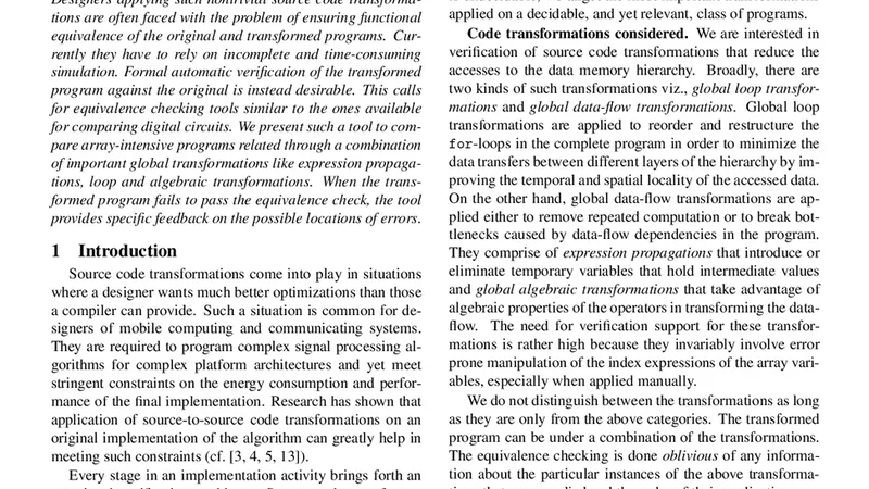Functional Equivalence Checking for Verification of Algebraic   Transformations on Array-Intensive Source Code