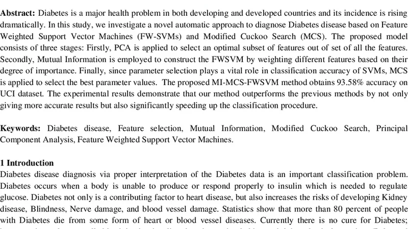 Automatic Detection of Diabetes Diagnosis using Feature Weighted Support   Vector Machines based on Mutual Information and Modified Cuckoo Search