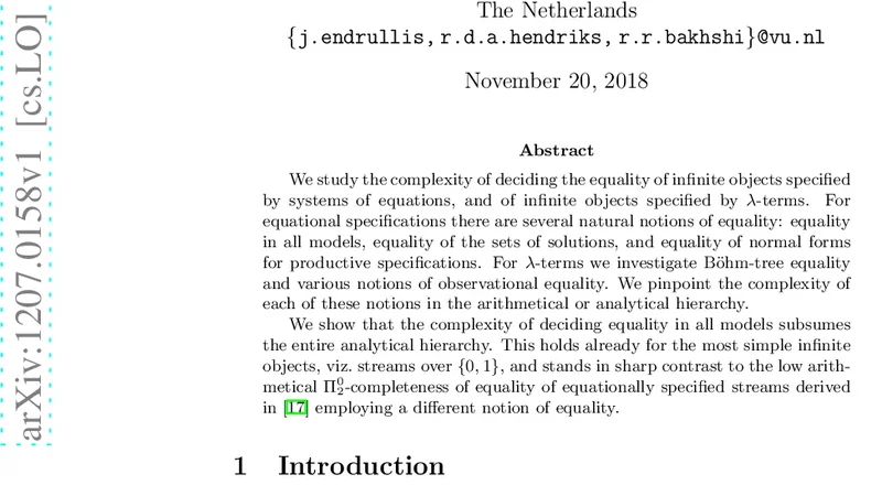 On the Complexity of Equivalence of Specifications of Infinite Objects