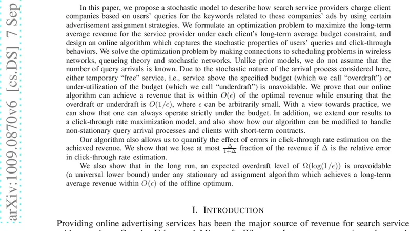 Online Advertisement, Optimization and Stochastic Networks