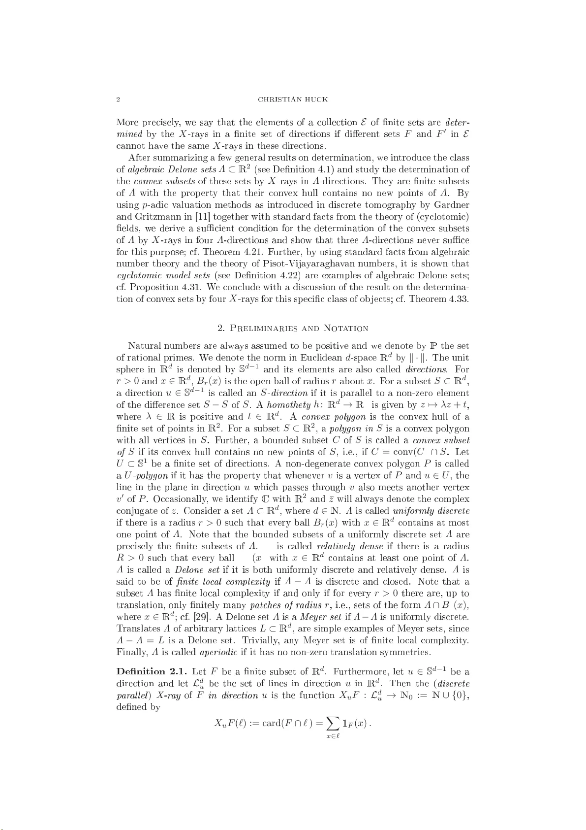 델론 집합 이산 단층 촬영에서 네 방향으로의 유일성
