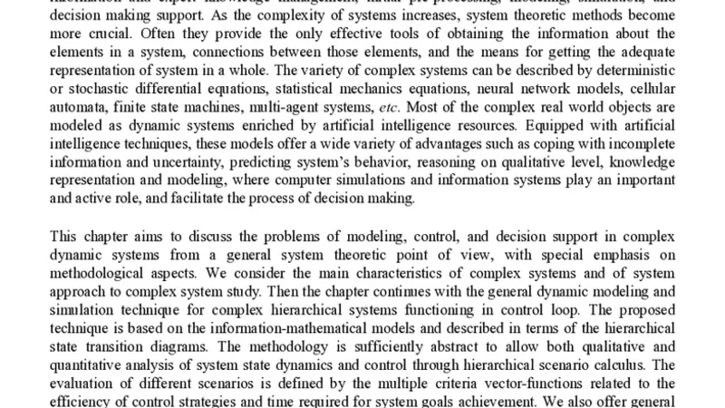 Systems Theoretic Techniques for Modeling, Control, and Decision Support   in Complex Dynamic Systems