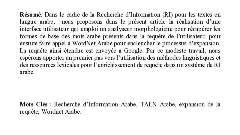 Vers une interface pour l enrichissement des requetes en arabe dans un   systeme de recherche d information
