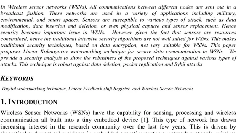 Secure Transmission in Wireless Sensor Networks Data Using Linear   Kolmogorov Watermarking Technique