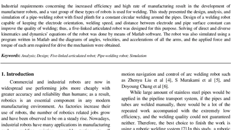 Design, Analysis, and Simulation of a Pipe-Welding Robot with Fixed   Plinth