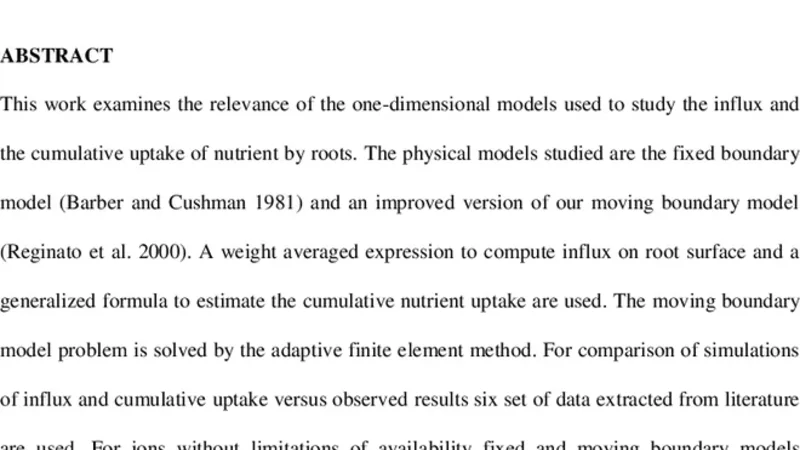 Analysis of the nutrient uptake by roots in fixed volume of soil as   predicted by fixed boundary, moving boundary and architectural models