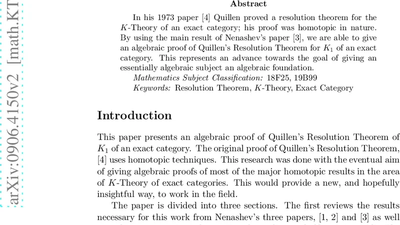 An Algebraic Proof of Quillens Resolution Theorem for K_1