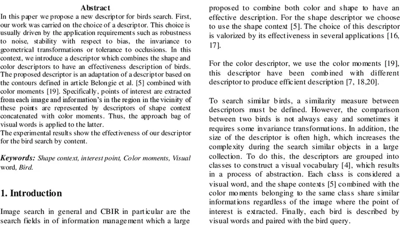 Content-Based Bird Retrieval using Shape context, Color moments and Bag   of Features