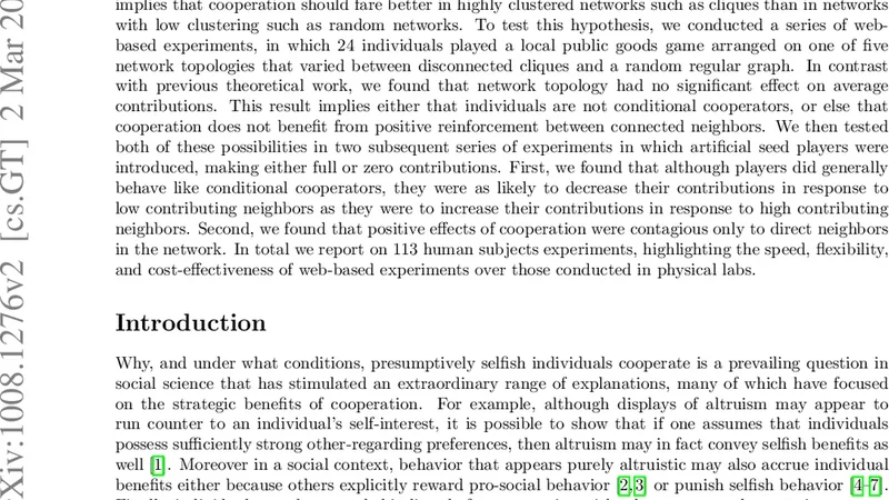 Cooperation and Contagion in Web-Based, Networked Public Goods   Experiments
